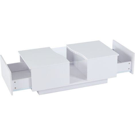 Table basse moderne blanche laquée avec LED, 2 tiroirs, 100 x 50 x 35 cm, plan en acrylique, meuble de salon (1/5)