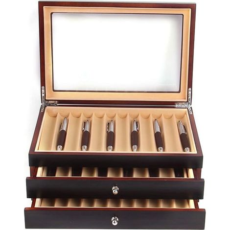 34 pièces Boîte à stylos en bois de santal, 3 niveaux avec tiroirs Boîte d'affichage et d'organisation pour fontaines avec fenêtre en verre Cadeau pour ami (Noir rouge) (1/5)