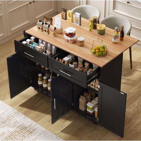 Isla de cocina 129x46/71x91.5 cm negra y natural en MDF con tablero abatible, cajones y ruedas (1/5)
