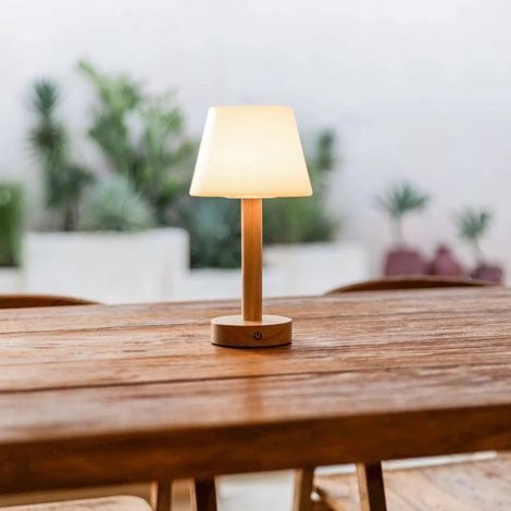 Lampe de table rechargeable sans fil LED tactile en bois clair et polyéthylène IP44 H28 cm - PANGIVO (1/5)