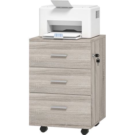 Commode de bureau à 3 tiroirs, roulettes, serrure, 2 clés, meuble de rangement mobile pour bureau ou salon, 40 x 40 x 61,5 cm, grise (1/5)