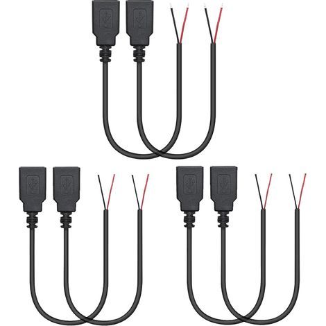 6 Pcs Câble d'alimentation USB 2.0 Femelle à 2 broches, 30 cm, USB A 12 V/3 A, prise en queue de cochon, extrémité ouverte (1/5)