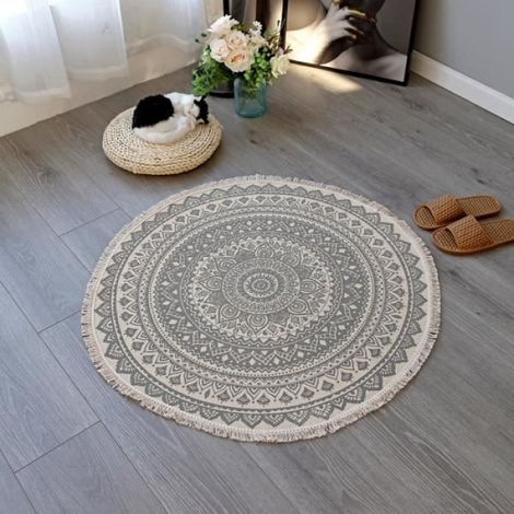 Tapis Rond 92cm Motifs Rétro Gris Antidérapant Lavable en Machine Paillasson Tapis de Salon Chambre Salle de Bain (1/3)