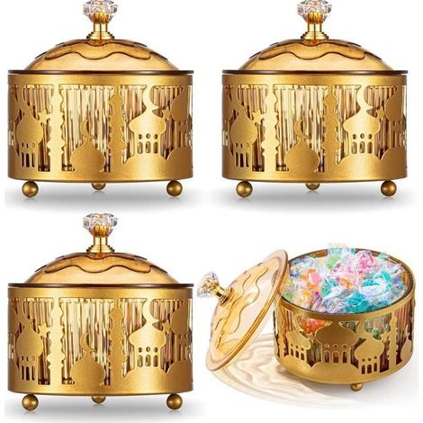 4 plateaux dorés, motifs islamiques, métal brillant, 9 cm, pour Aïd Moubarak et présentation de douceurs