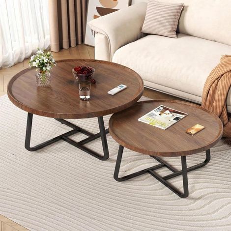 Tables Gigognes Rondes 2 Pièces 80 et 60 cm, Marron foncé (1/5)