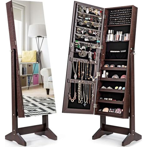 GOPLUS Armoire à bijoux de sol, meuble de rangement pour bijoux verrouillable 2 en 1 avec miroir inclinable réglable et compartiments spacieux, cadre en bois robuste (Marron) (1/5)