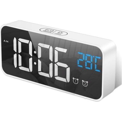 Réveil Numérique avec Grand Affichage de la Température LED, Alarme de Miroir Portable avec Double Alarme Roupillon Temps Gradateur de Luminosité Réglable sur 4 Niveaux (Blanc) (1/5)