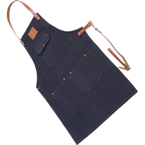 Latzschürze aus Denim mit Lederriemen, Bäcker-, Barkeeper- und Grillschürze, Kochuniform (1/5)