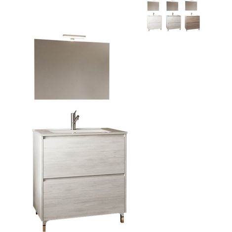 Mobile bagno a terra 80 cm in legno rovere grigio con lavabo e specchio - Francia - Con colonna specchio e lampada LED - Accessorio: Con specchio e lampada LED (1/3)