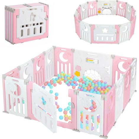 Yoleo – Parc bébé modulable 12+2 panneaux – Barrière de sécurité pliable en plastique écologique – Dimensions 150x150x62cm – Couleur rose