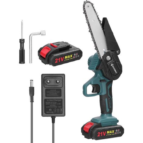 Tronçonneuse Sans Fil 21V 1500mAh 6" - Chaîne Trempée Dents Affûtées, Vitesse Variable, Déflecteur Amovible - Pour Élagage, Bois Chauffage, Verger - ABS et Métal - Vert - Avec 2 Batteries