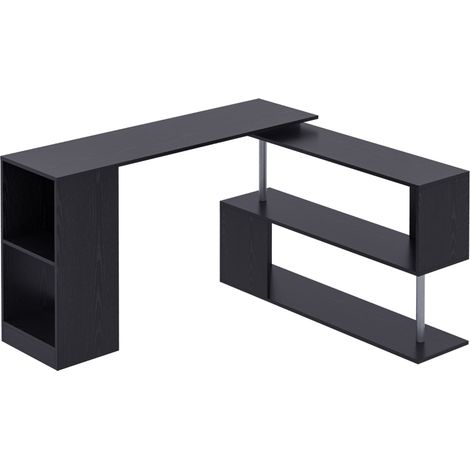 Bureau d'angle gain de place avec étagère en forme de S, bureau moderne en bois, 140 x 120 x 78 cm, noir (1/5)