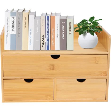 Organizer da scrivania in bambù con 3 cassetti, organizer per cassetti, ufficio, cassettiera naturale, 30 x 19 x 20 cm
