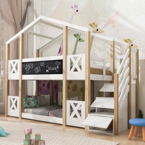 Lit superposé cabane enfant 90x200 cm avec escalier de rangement, tableau noir, garde-corps, 2 sommiers à lattes, bois blanc et naturel (1/5)
