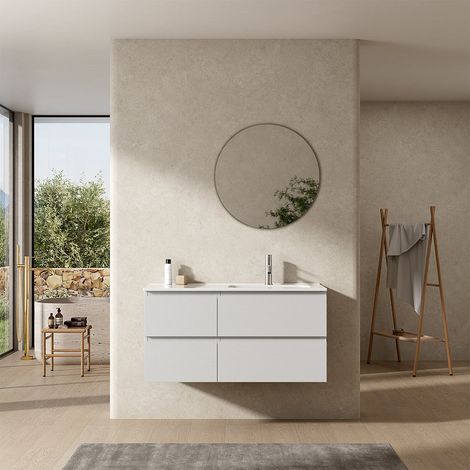 Mobile bagno sospeso 100 cm Bianco Lavabo a Destra in Ceramica Specchio Tondo - Fiji Wood (1/4)