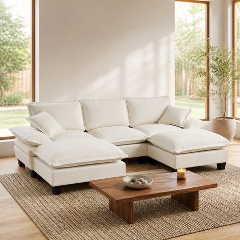 Canapé d’angle modulaire 263x151x90 cm beige en chenille avec 2 ottomanes amovibles et 2 coussins (1/5)