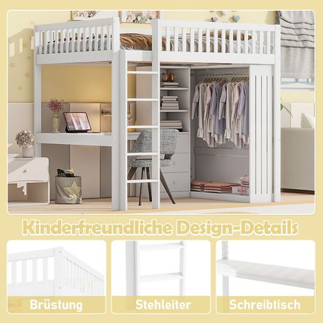 Lit surélevé 140x200cm avec bureau, armoire, 3 tiroirs, rangement ouvert, garde-corps, échelle, sans matelas, blanc. (1/5)