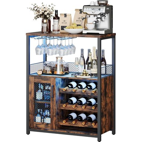 Meuble Bar avec LED en Bois, Porte-Verres et Casier Amovible, 72x35x90 cm, Marron Rustique (1/5)