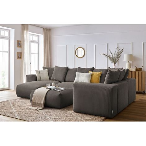 BOBOCHIC - Canapé panoramique fixe modulable VOLTAIRE avec 1 méridienne, 1 angle, 2 chauffeuses et 1 pouf Angle gauche Taupe (1/5)