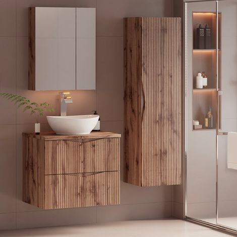 Waschtisch und Hängesäule 60cm Tao mit 2 Schubladen, Holzoptik (1/5)