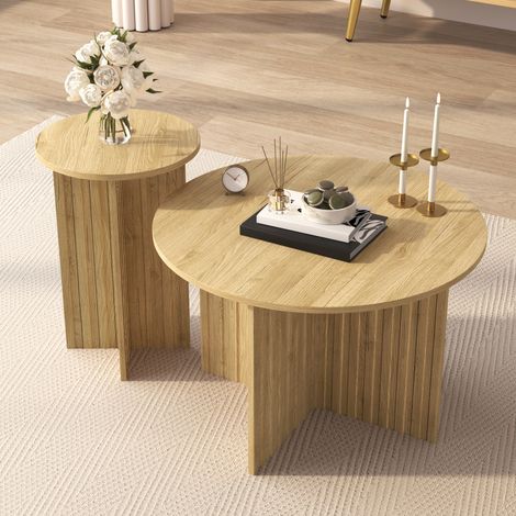 Lot de 2 tables basses gigognes - Plateau rond - Aspect bois - MDF + panneaux de particules - Naturel (1/5)