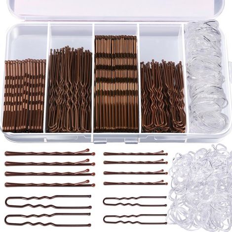 Set de 300 accessoires pour cheveux - 200 pinces et 100 élastiques - Pour chignons - Brun - Coffret coiffure (1/5)