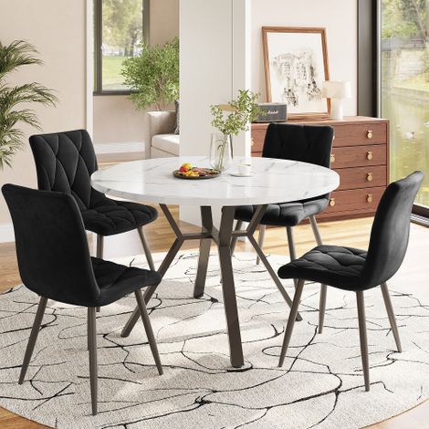 Ensemble de salle à manger, plateau marbre, pieds métal gris, 4 chaises en velours noir, plateau blanc