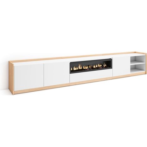 Skraut Home - Mobile TV Soggiorno, 310x37x50cm, Per TV fino a 80", Camino elettrico, Bianco e Rovere soft (1/5)