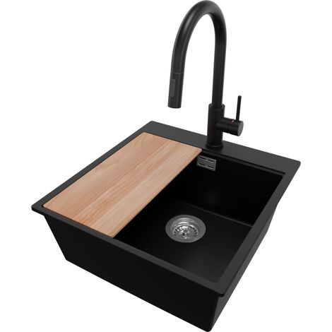 PRIMAGRAN Evier Cuisine en Granit 48x50cm,Lavabo 1 bac + Robinet 40x20cm + Kit de Vidage + Planche à Découper, Évier à Encastrer au meuble 50cm - Oslo, Noir (1/5)