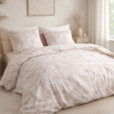 Parure housse de couette 260x240cm + 2 taies motif feuilles rose poudré 100% coton - LIXIA (1/4)
