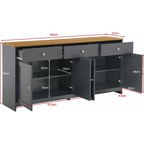 Buffet bois effet chêne gris-noir, 4 portes et 3 tiroirs, meuble de rangement pour séjour ou salle à manger, finition deux tons. (1/5)