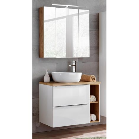 Badmöbel Set mit Keramik-Aufsatzwaschbecken TOSKANA-56 Hochglanz weiß & Wotaneiche BxHxT ca. B/H/T: 80/200/46cm (1/5)