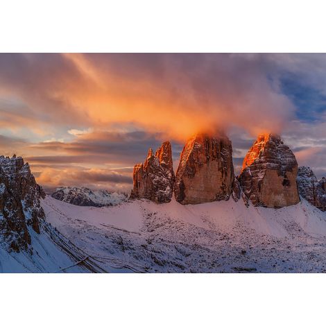 Papier peint panoramique montagnes enneigées | Tapisserie panoramique nature bleue et orange | Papier peint panoramique coucher de soleil - 384 X 260 cm (8 pièces) (1/2)