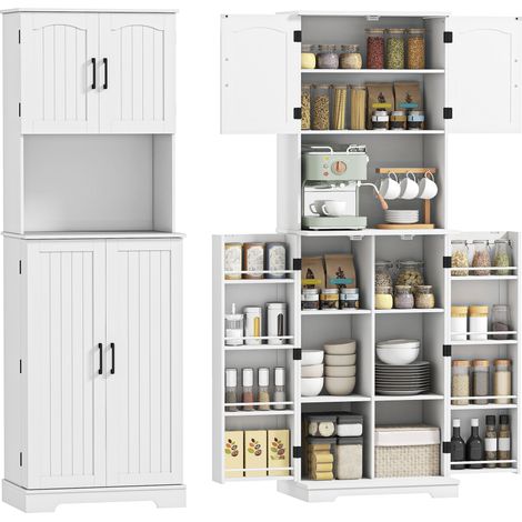 Credenza da Cucina Alta Stile Country, 2 Armadietti e 8 Portaspezie, 60x40x181.5 cm, Bianco