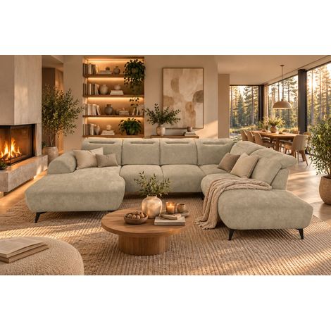Wohnlandschaft Sofa U-Form ALETTE in Stoff Doha Hellbraun Lange Schenkel Rechts (1/5)