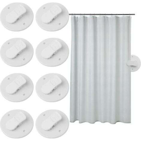 Set mit 8 weißen, selbstklebenden Duschvorhangclips, die Wasserspritzer verhindern und den Duschvorhang nah an der Wand halten. Duschvorhangbefestigungen für den Heimgebrauch.