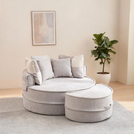 Sofa rond gris avec 5 coussins et pouf mousse 35D en foam (1/5)