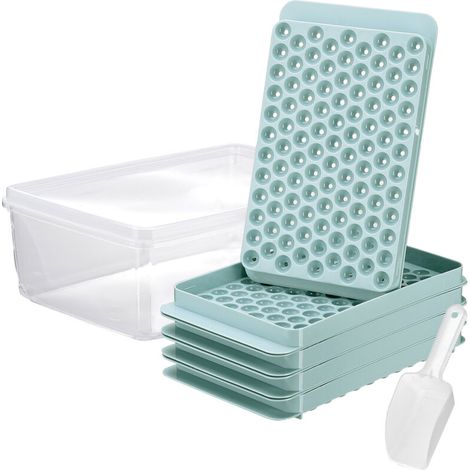 Mini bacs à glaçons, lot de 4 bacs à glaçons (4 bacs bleus, boîte à glaçons et pelle à glace) pour boissons fraîches, café, jus (4 bacs à glaçons et glaçons inclus). (1/5)