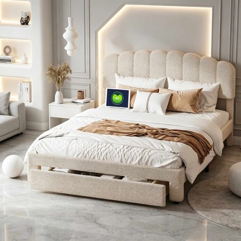 Lit Flottant Adulte 140x200cm Blanc Similicuir Stockage Tête Lit LED USB