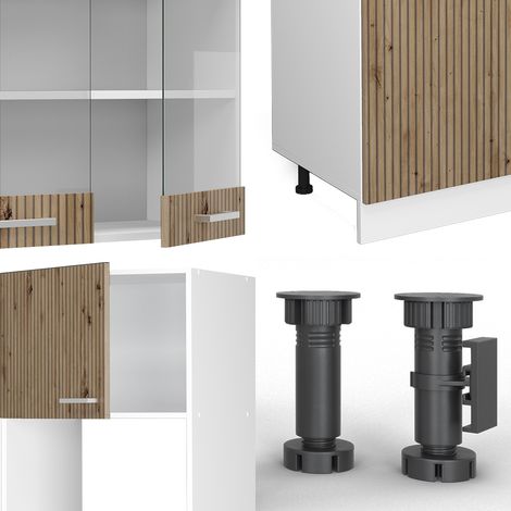 Cucina componibile R-Line, Rovere artigianale/bianco, 300 cm con armadio alto, senza piano di lavoro, Vicco