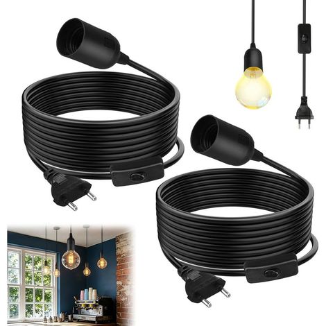 2 Pièces Douille E27 avec Interrupteur Câble et Prise, Câble d'alimentation de 1.8 m et Prise Européenne, pied de lampe E27 noir pour Suspension de Lampe, Éclairage Intérieur Chambre Salon Cuisine Bar (1/5)
