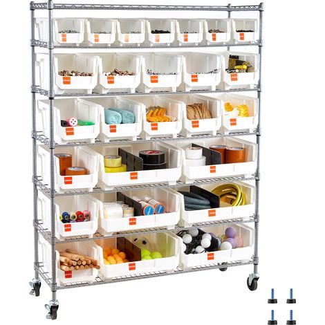 VEVOR Standregal, Lagerregal mit 7 Ebenen & 26 Stapelboxen, Bücherregal, Küchenregal mit Rollen, Fahrregal für Garage, Lager, Büro, Restaurant, Klassenzimmer, Küche, 355x1110x1480 mm (1/5)