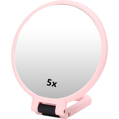 Miroir cosmétique pliable et réglable grossissant x5, idéal pour les voyages et le maquillage (rose). (1/5)