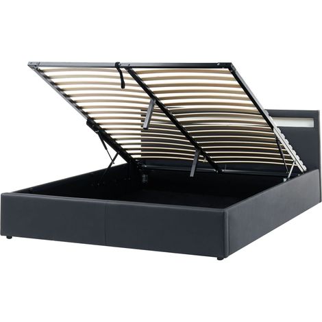 Ottoman Bed Black Faux Leather Upholstery LED Multicolour Illuminated Headboard Slatted Base 6ft EU Super King Size ARMELLE (1/5)