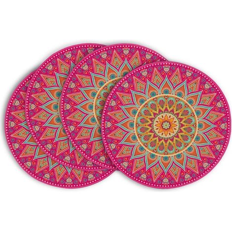 Set mit 4 runden Platzsets mit Mandala-Muster – Rosa & Gelb, 35,6 cm – Für Partys, Küche und Esszimmerdekoration (1/2)