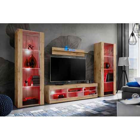 Komodee Ensemble de Meubles Tivoli Grande, Wotan/Wotan, Largeur 250cm x Hauteur 159cm x Profondeur 35cm, LED RGB, 3 étagères, pour Salon, Chambre, Entrée