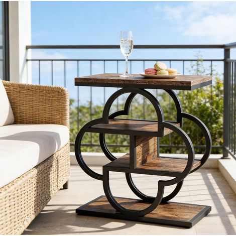 Table d'appoint en bois et métal noir, brun rustique, 4 niveaux, design floral (1/5)