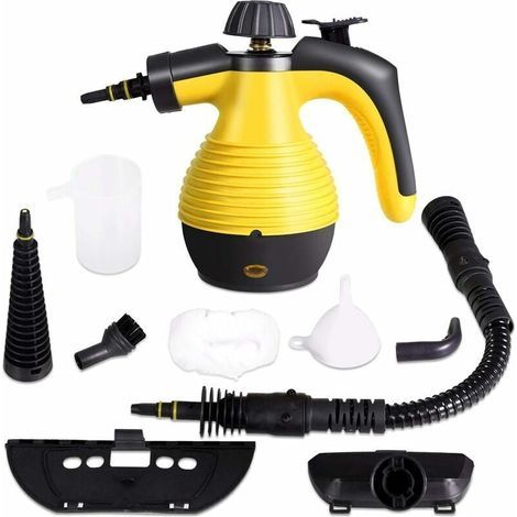 Limpiador a vapor portátil de mano con 9 accesorios para eliminar manchas, alfombras y cortinas, alta presión de 3 bares para cocina y baño, 350 ml, amarillo. (1/4)