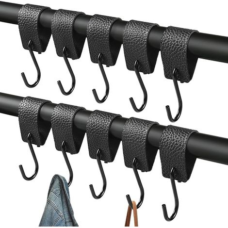 10 ganchos en forma de S de cuero, ganchos con banda de cuero, ganchos en forma de S para colgar lámparas de camping, ropa, toallas, ganchos de cocina (1/5)
