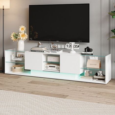 TV-Möbel mit Stauraum 200cm - Schwimmendes Design und RGB-LED, gehärtetes Glas und Weiß, moderner und luxuriöser Stil